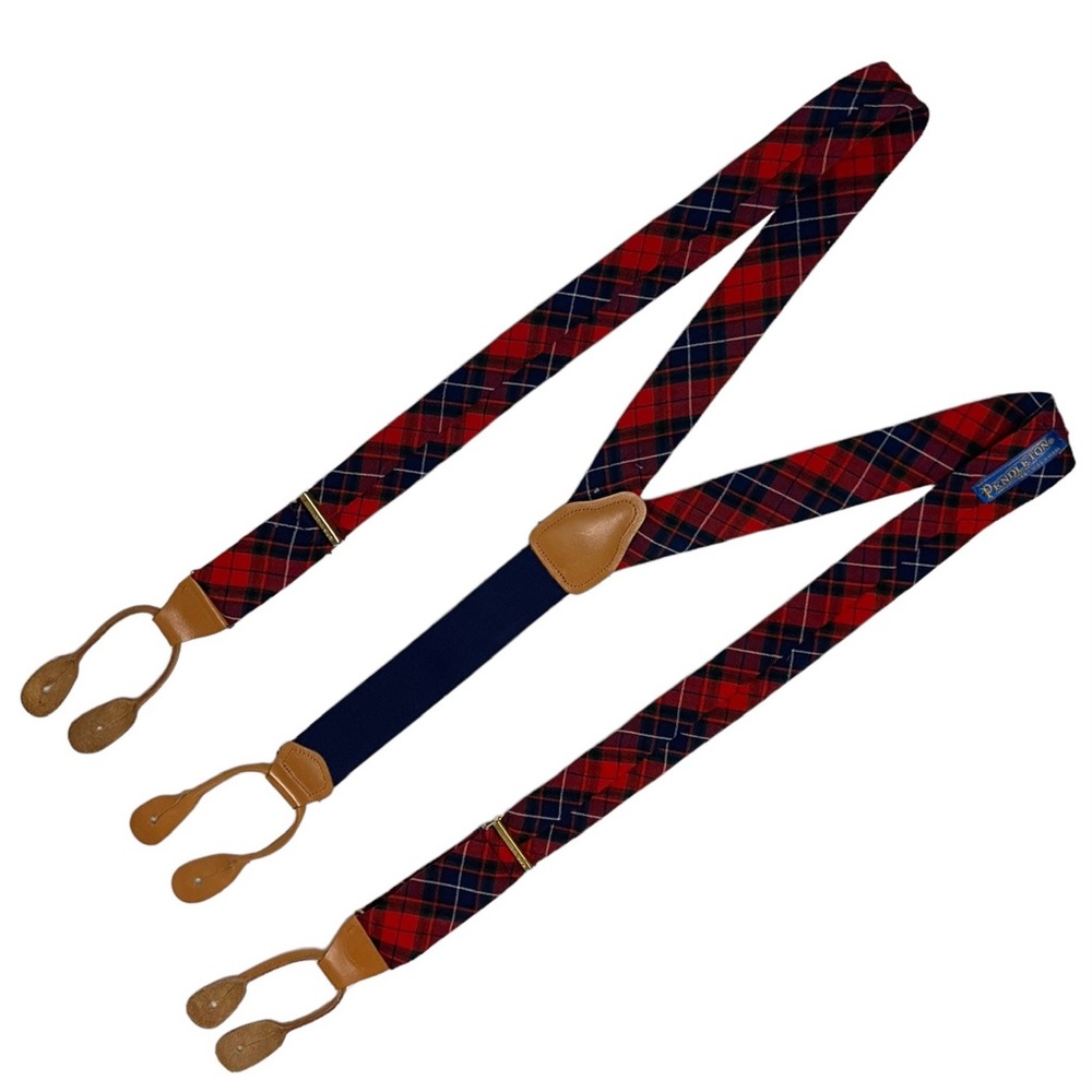 Pendleton Red Plaid Wool Button On Suspenders - image 2